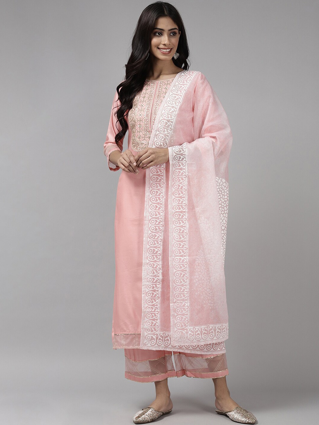 

Indo Era Women Embroidered Sequinned Cotton Kurta with Palazzos & Dupatta, Pink