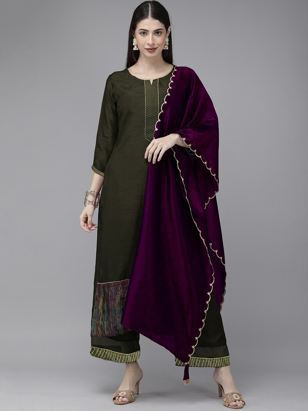 

Indo Era Women Embroidered Patchwork Kurta with Palazzos & Dupatta, Green