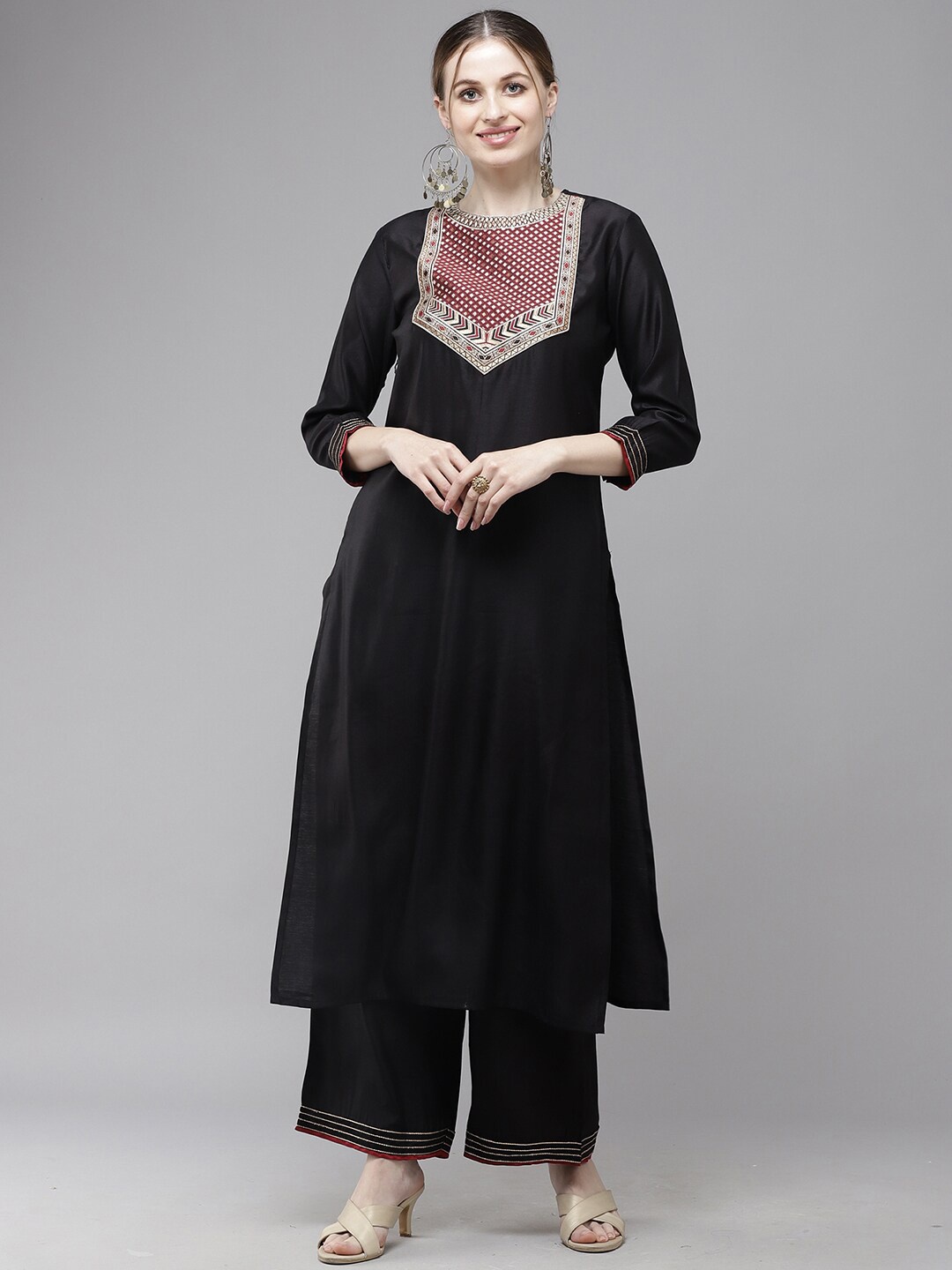 

Indo Era Women Yoke Design Kurta with Palazzos, Black