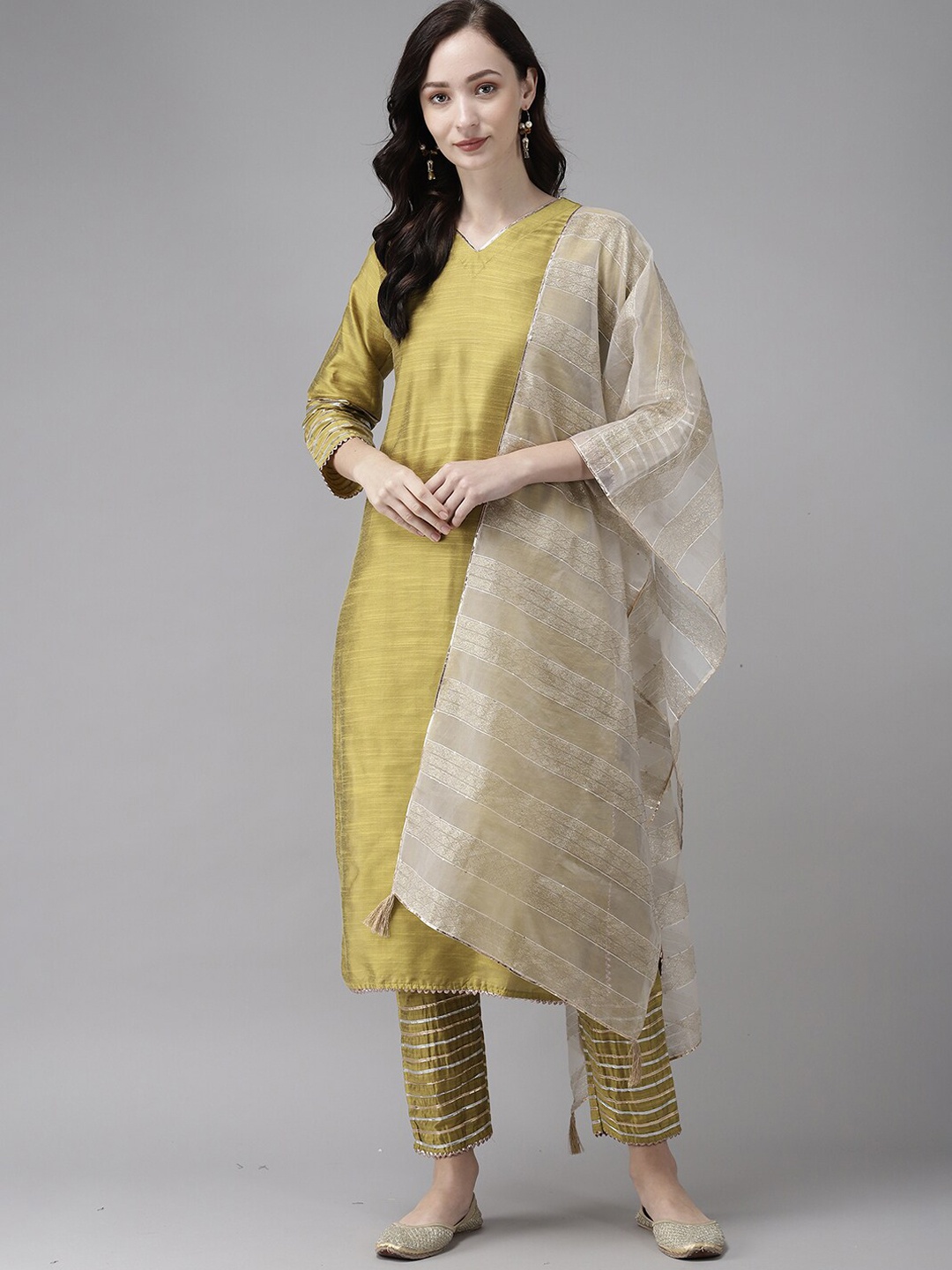 

Indo Era Women Gotta Patti Kurta with Trousers & Dupatta, Olive