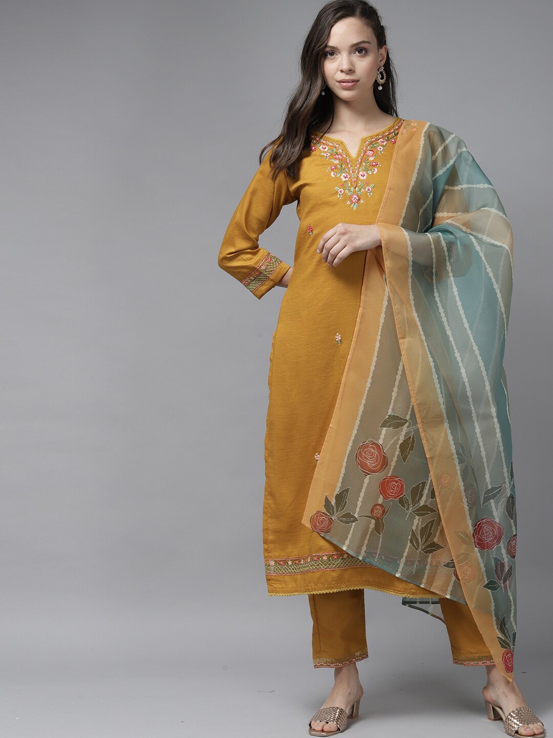 

Indo Era Women Floral Embroidered Kurta with Trousers & Dupatta, Yellow