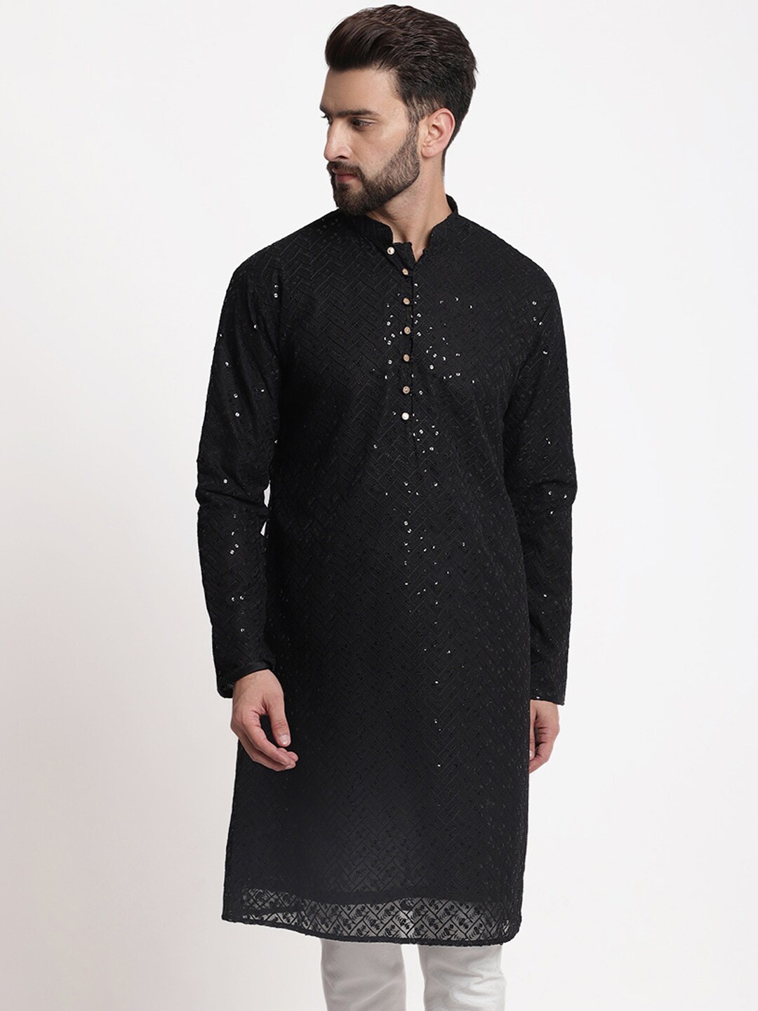 

TREEMODA Mandarin Collar Ethnic Motifs Woven Design Sequinned Georgette Kurta, Black