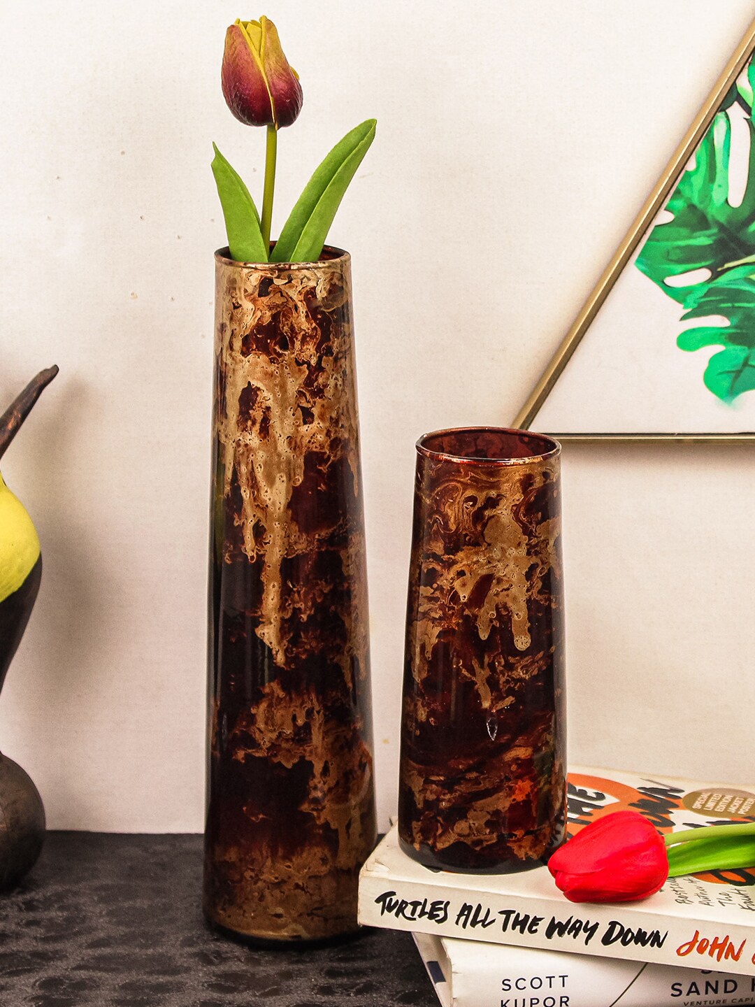 

TIED RIBBONS Brown & Gold Toned Set of 2 Printed Flower Glass Vases