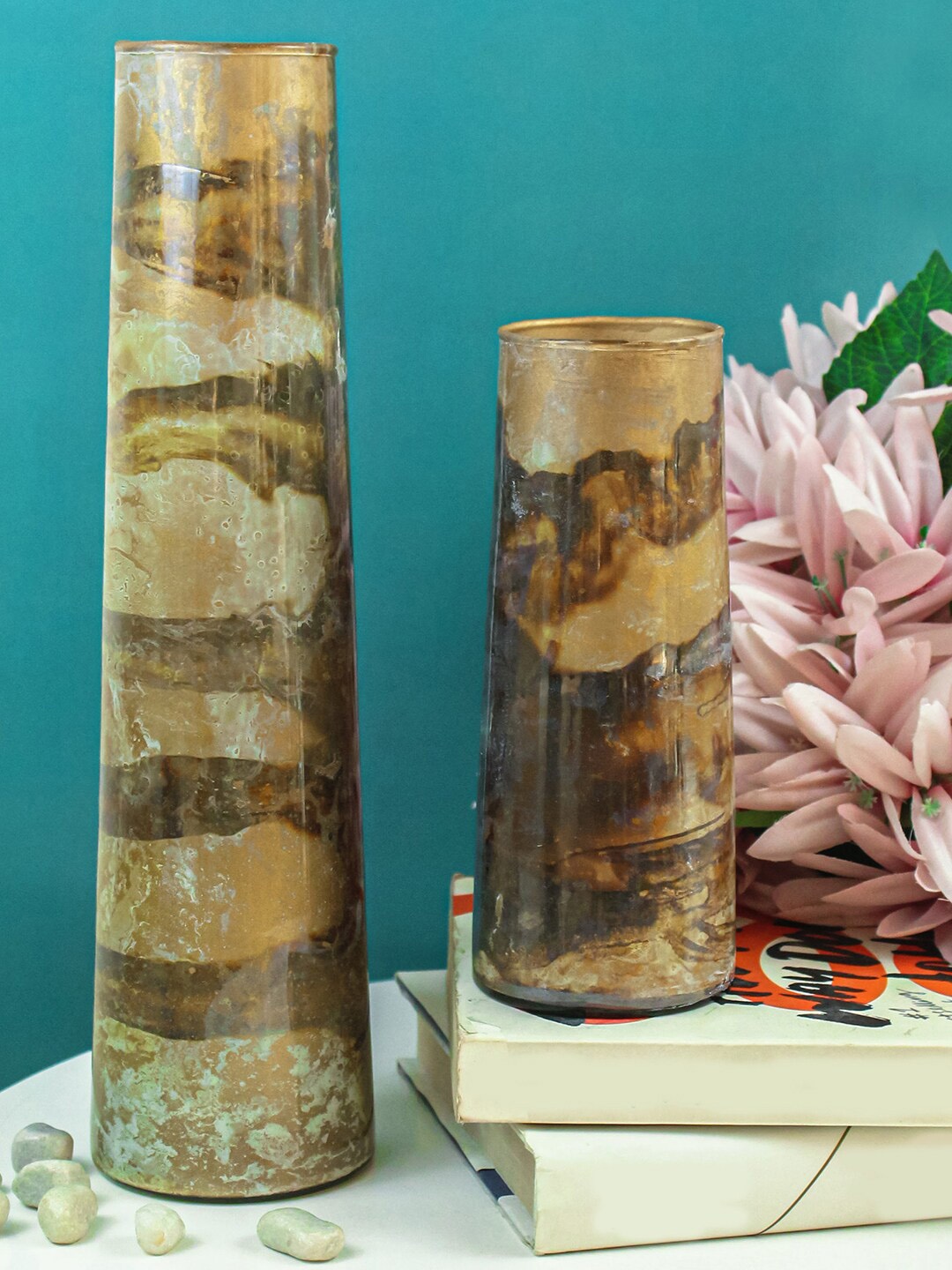 

TIED RIBBONS Brown Set of 2 Printed Flower Glass Vases