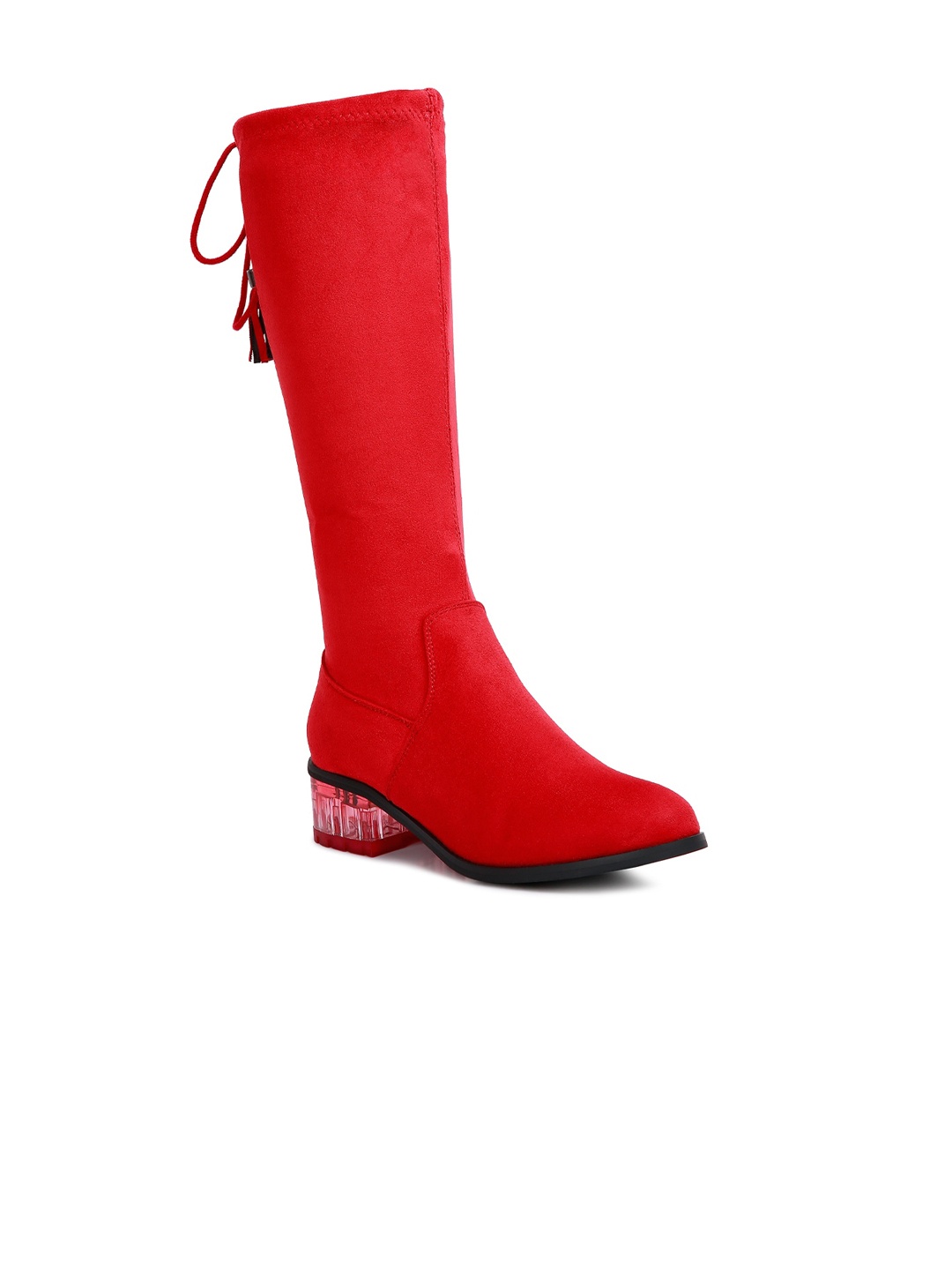 

London Rag Women Tasselled Block Heel Calf Length Boots, Red