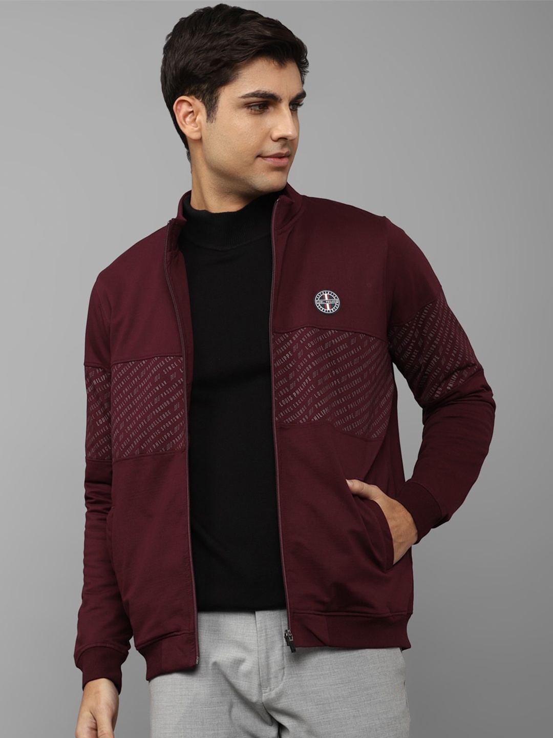 

Louis Philippe Sport Men Typography Printed Cotton Open Front Jacket, Burgundy