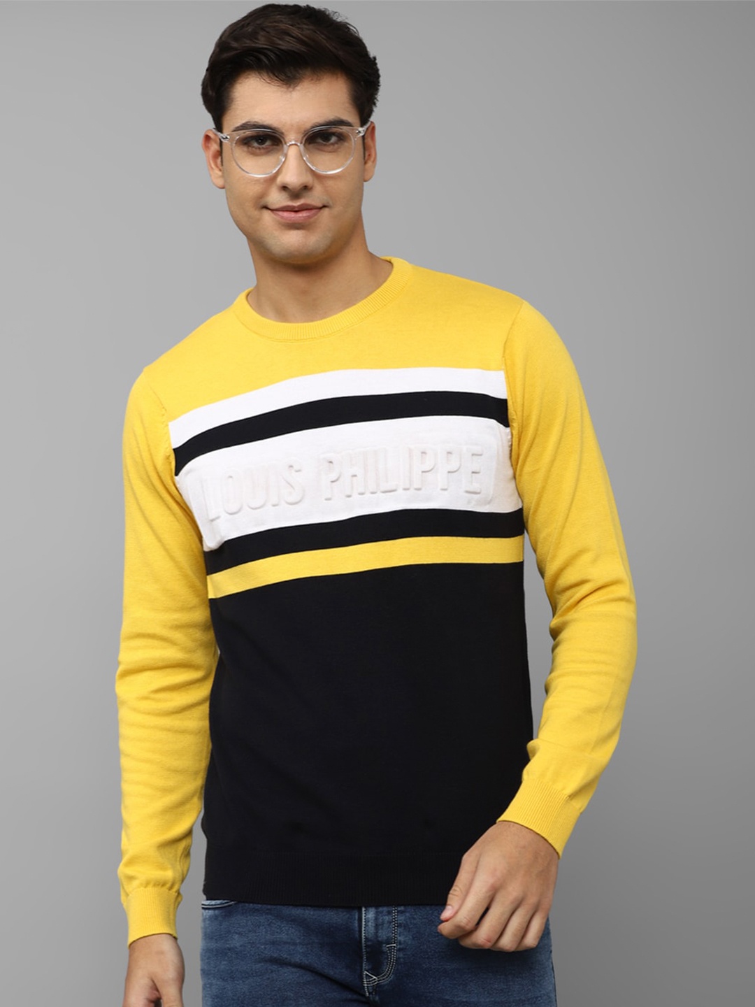 

Louis Philippe Sport Men Colourblocked Cotton Round Neck Sweatshirt, Yellow