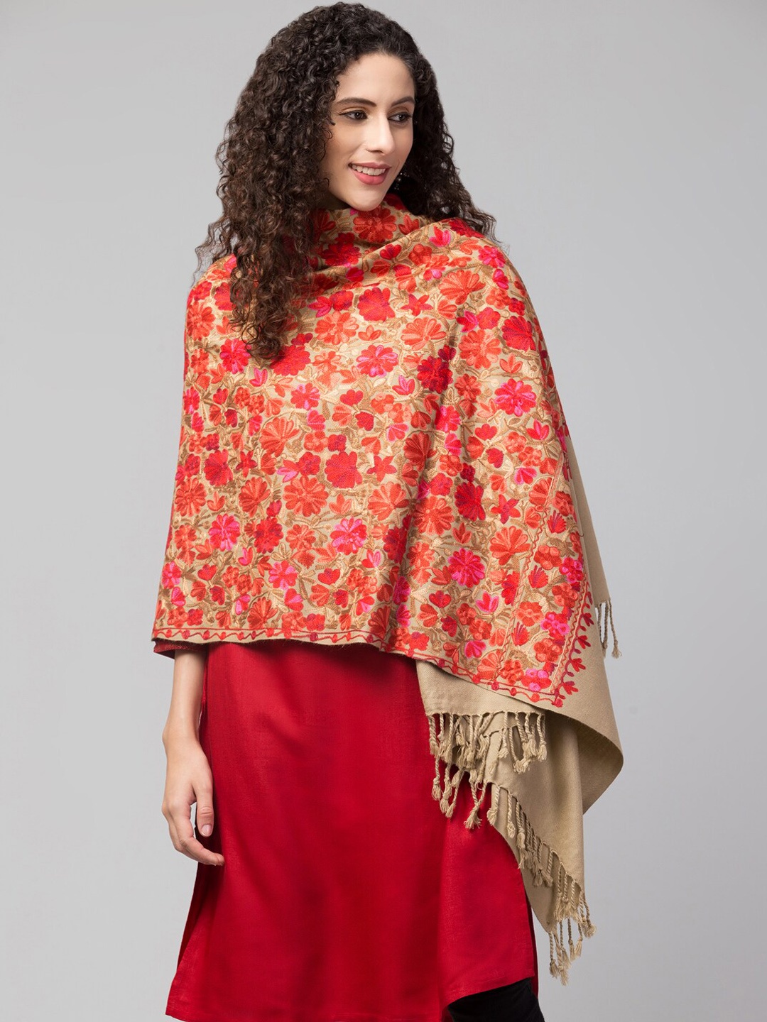 

Tweedle Women Embroidered Pure Wool Shawl, Beige
