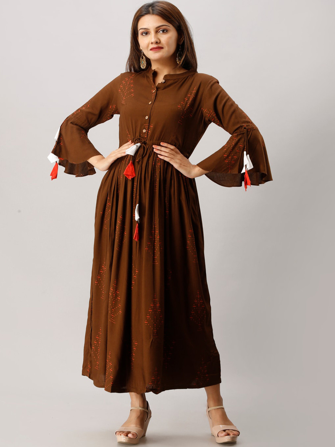 

KALINI Floral Printed Bell Sleeves Floral Kurta, Brown