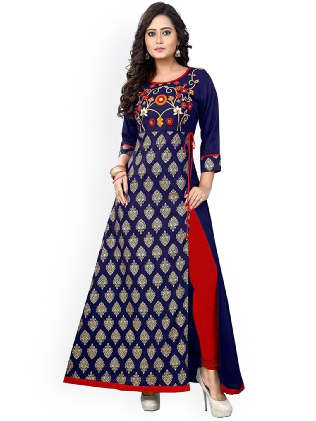 

KALINI Women Ethnic Motifs Printed High Slit Mirror Work Kurta, Blue