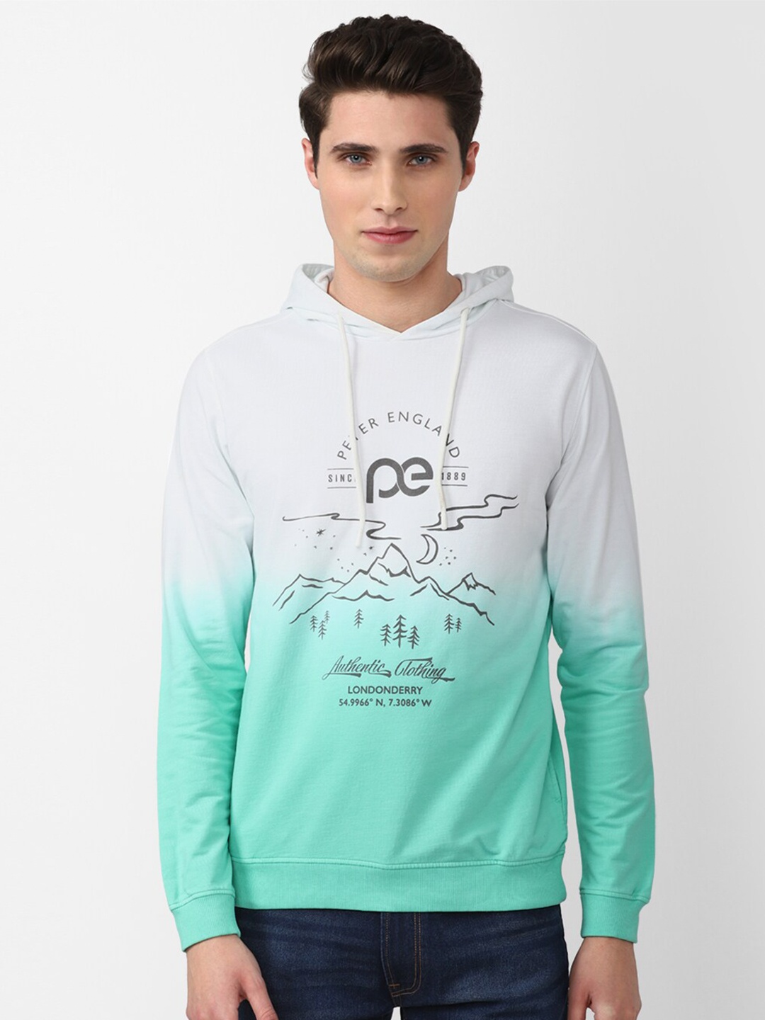 

Peter England Casuals Men Colourblocked Hooded Sweatshirt, Sea green