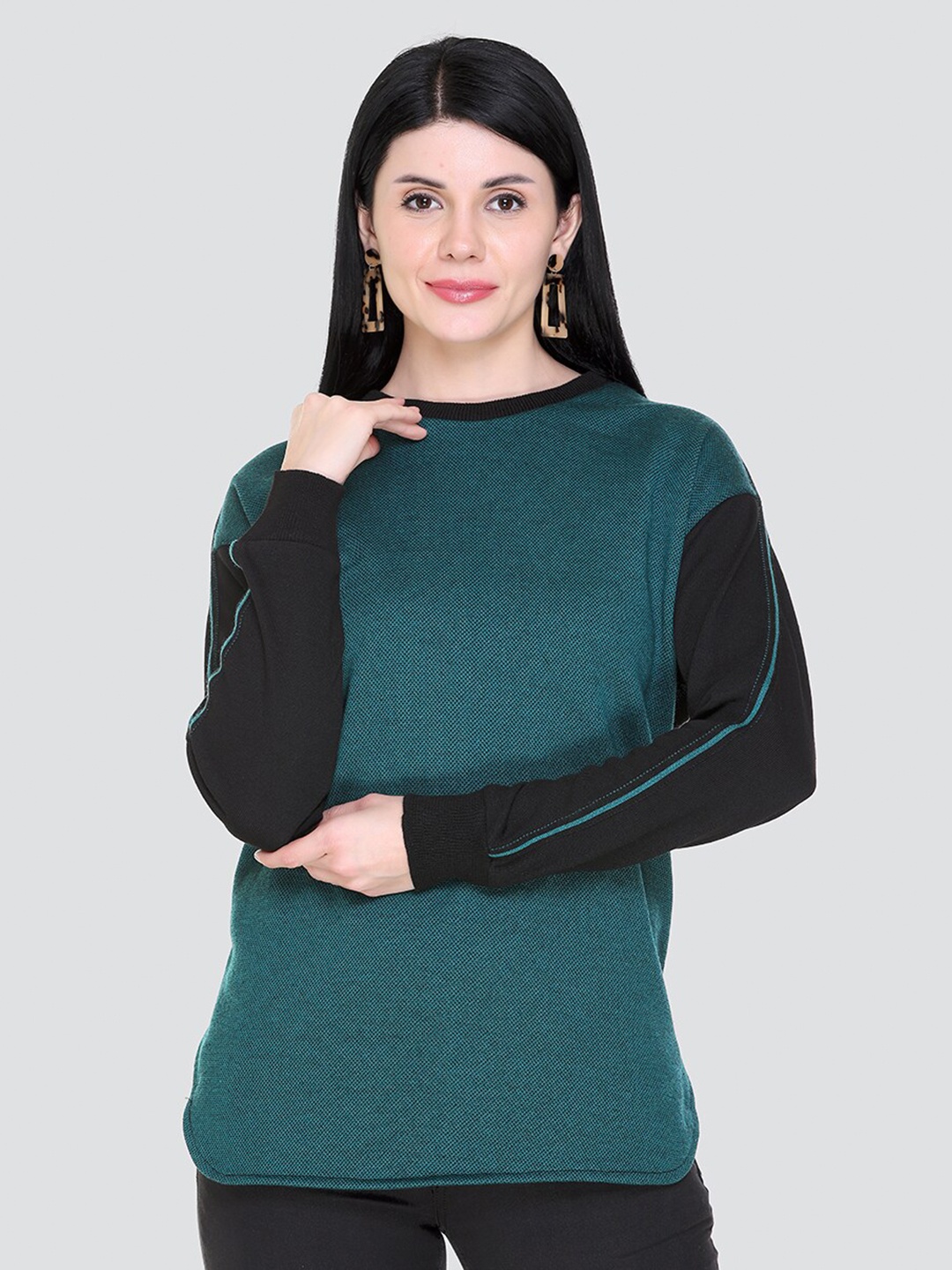

KEIKO Women Colourblocked Acrylic Round Neck Sweatshirt, Teal
