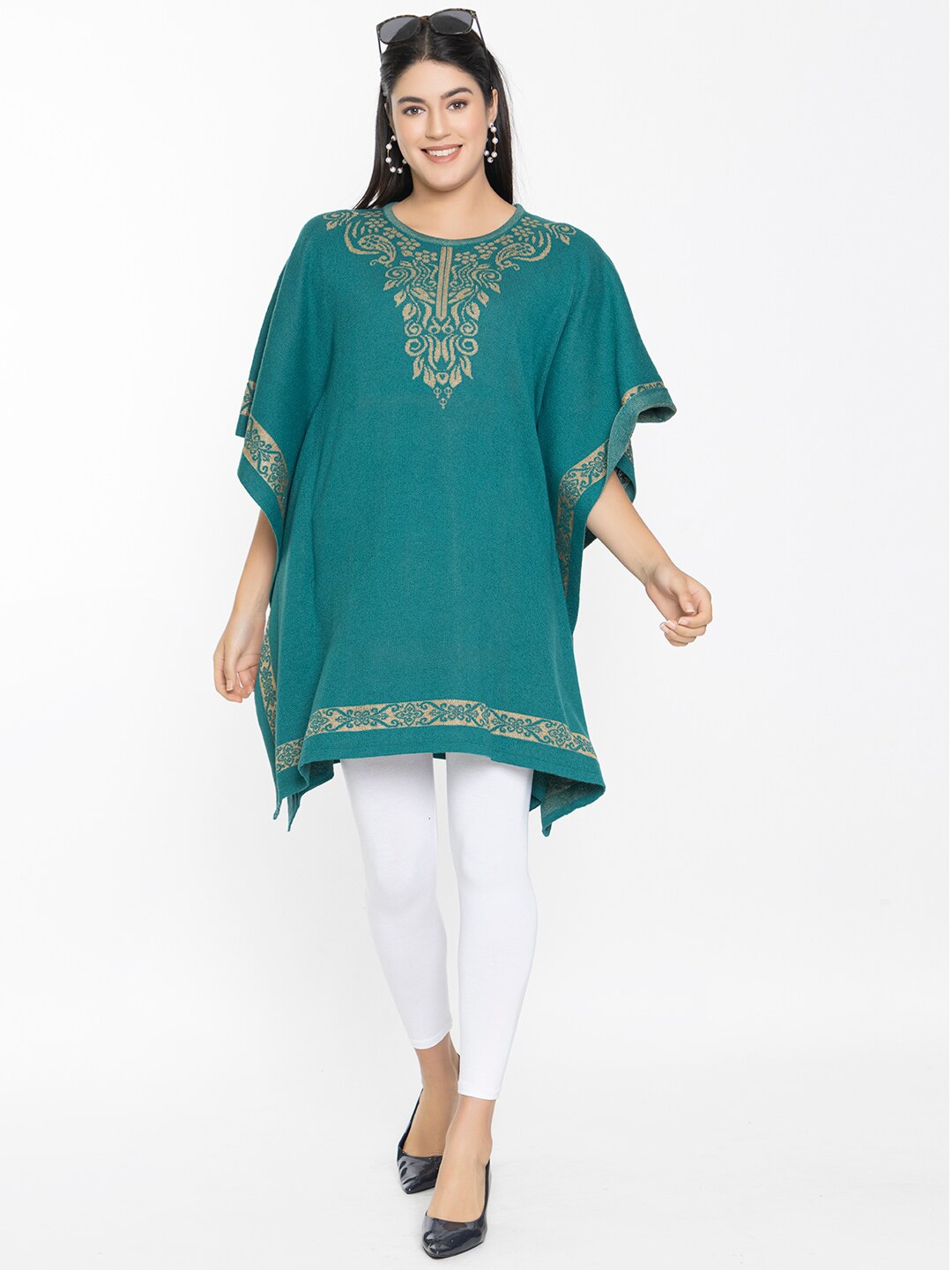 

KEIKO Ethnic Motifs Printed Acrylic Kaftan Kurti, Turquoise blue