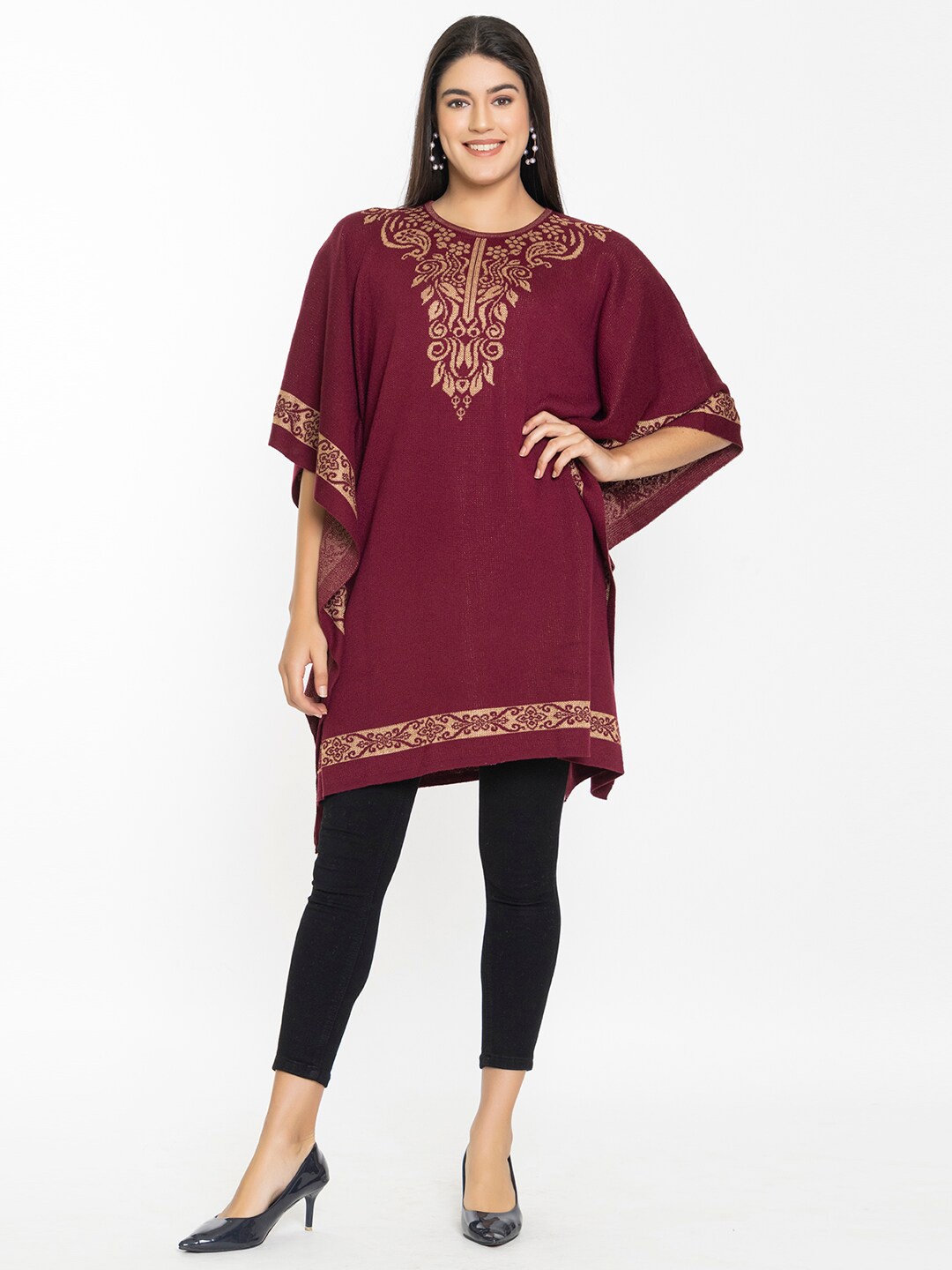 

KEIKO Ethnic Motifs Printed Acrylic Kaftan Kurti, Maroon