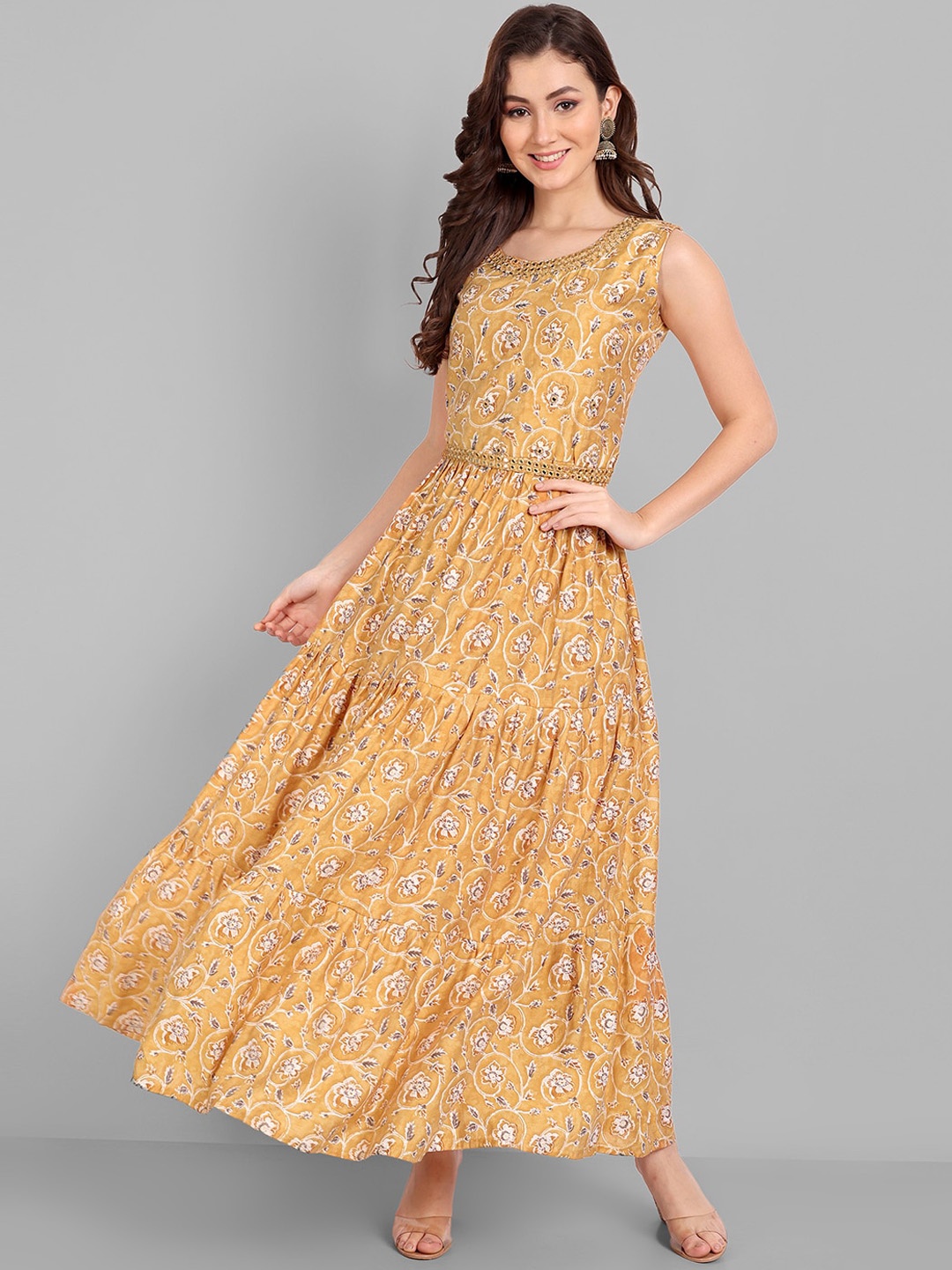

Pakiza Floral Printed A-Line Cotton Maxi Dress, Yellow