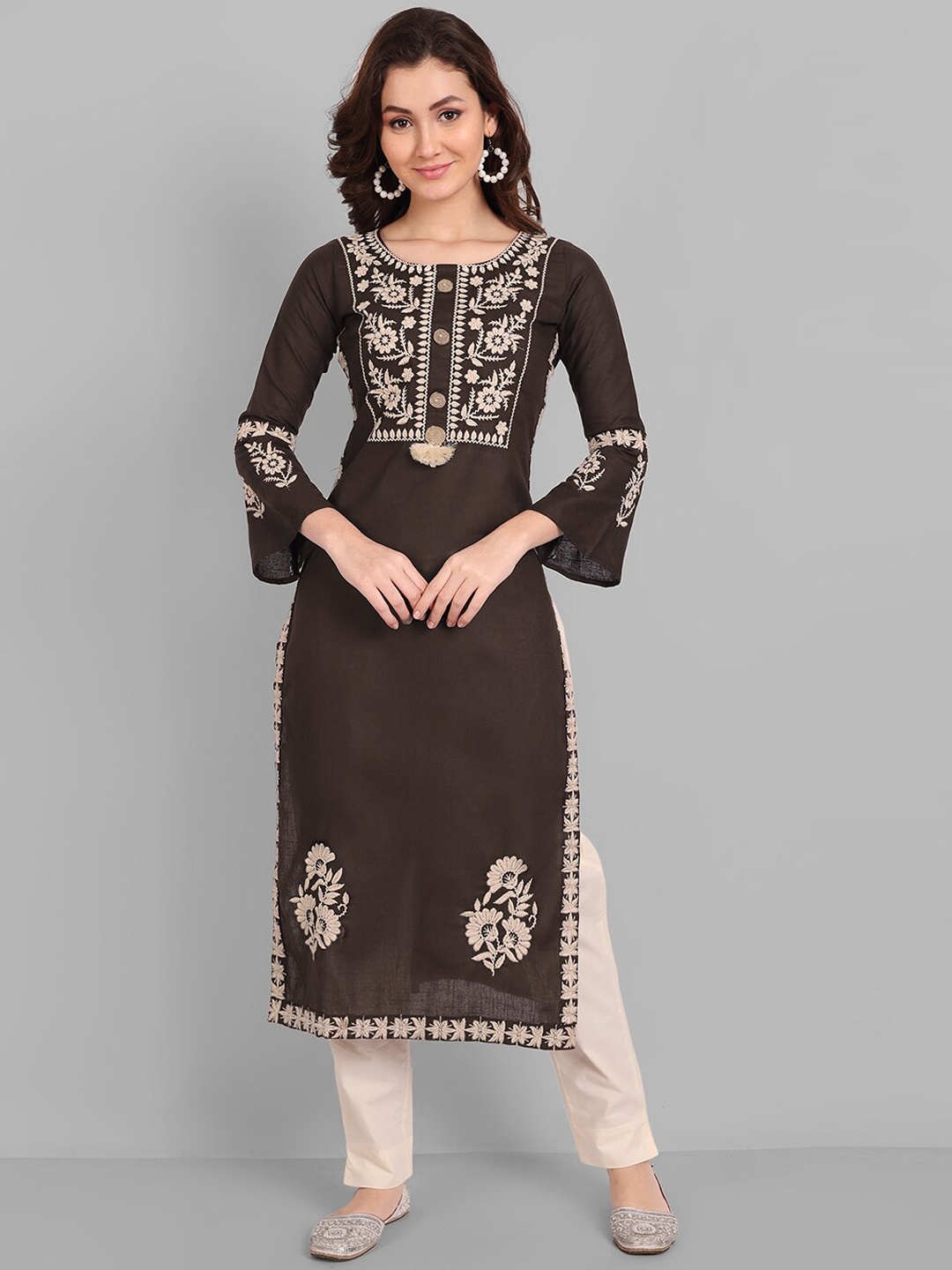 

Pakiza Round Neck Floral Embroidered Straight Fit Cotton Kurta, Brown