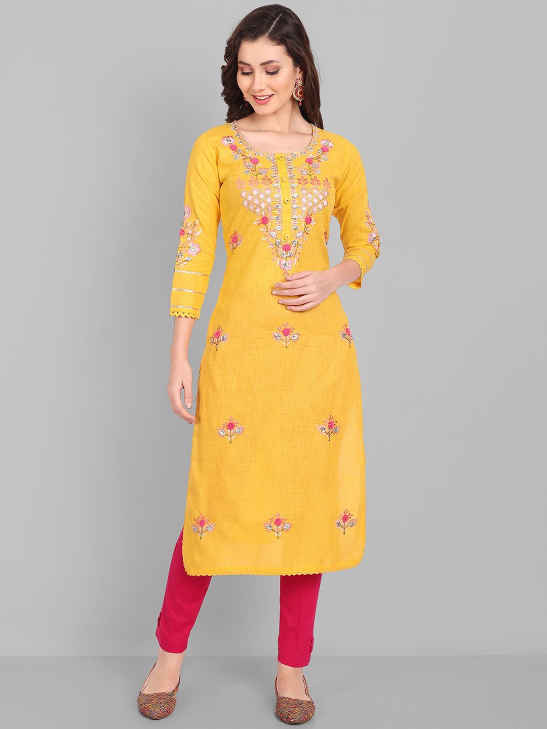 

Pakiza Floral Embroidered Round Neck Straight Regular Kurta, Yellow