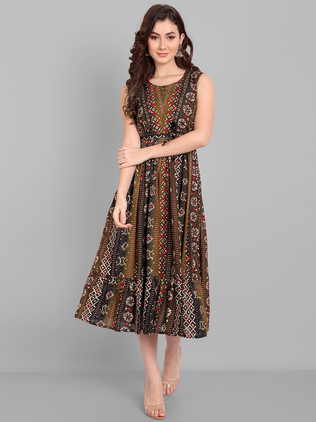 

Pakiza Floral Printed A-Line Midi Cotton Dress, Brown