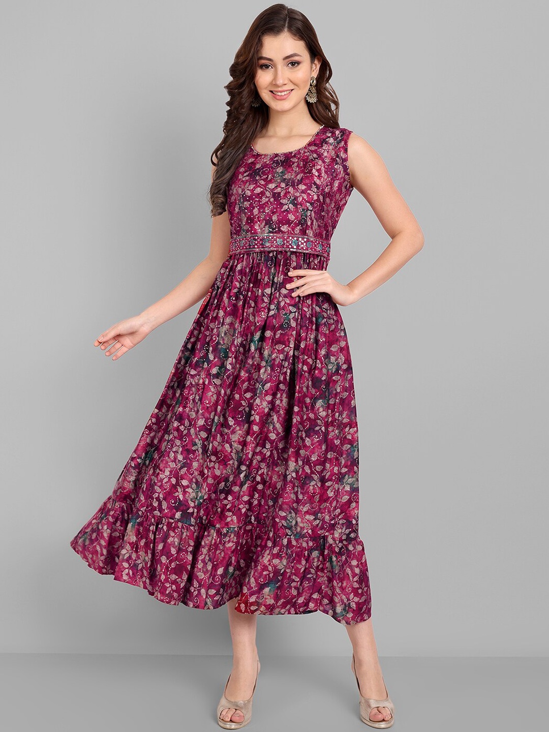 

Pakiza Maroon Floral Printed A-Line Cotton Maxi Dress
