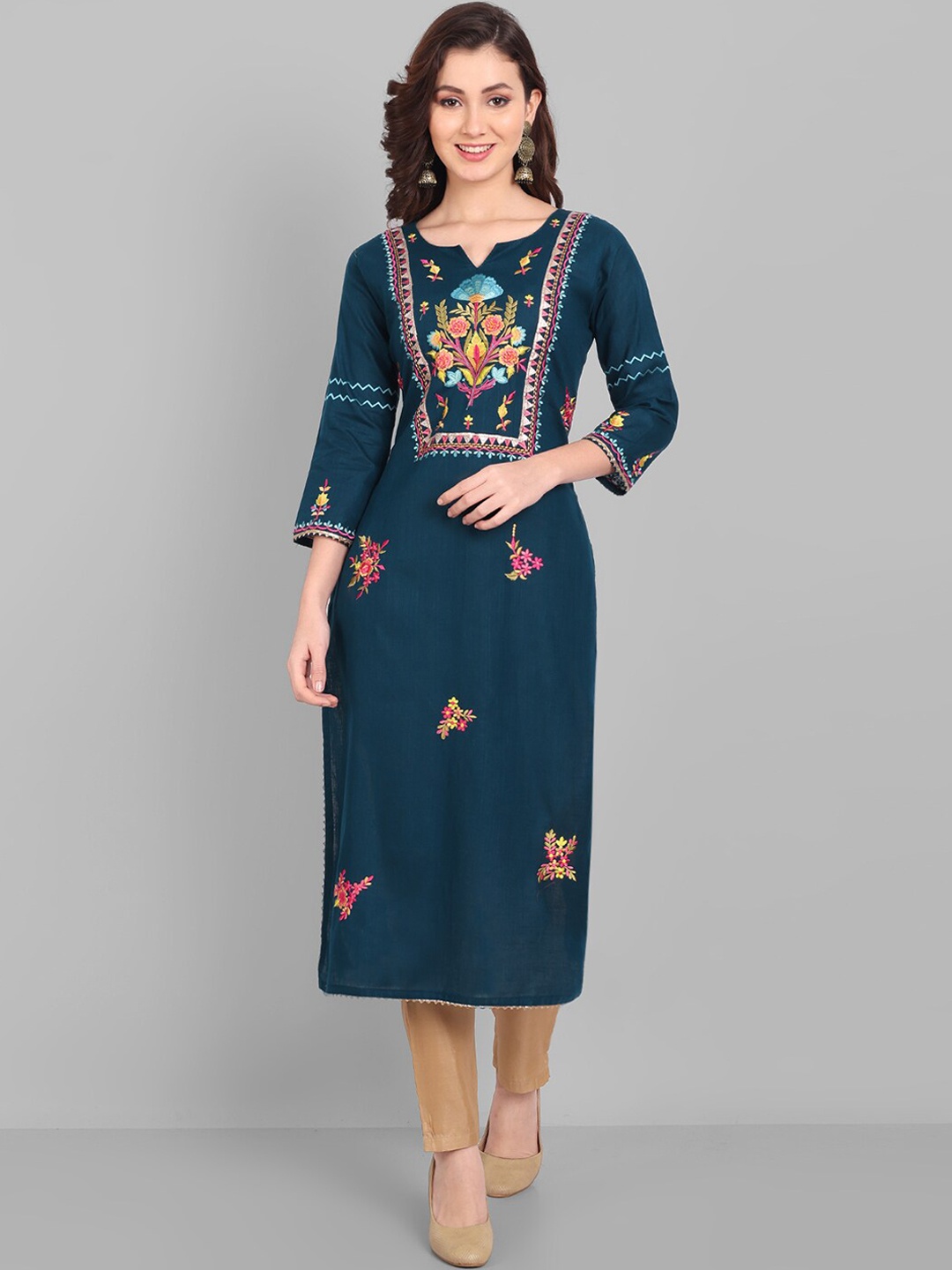 

Pakiza Women Blue Ethnic Motifs Embroidered Thread Work Kurta