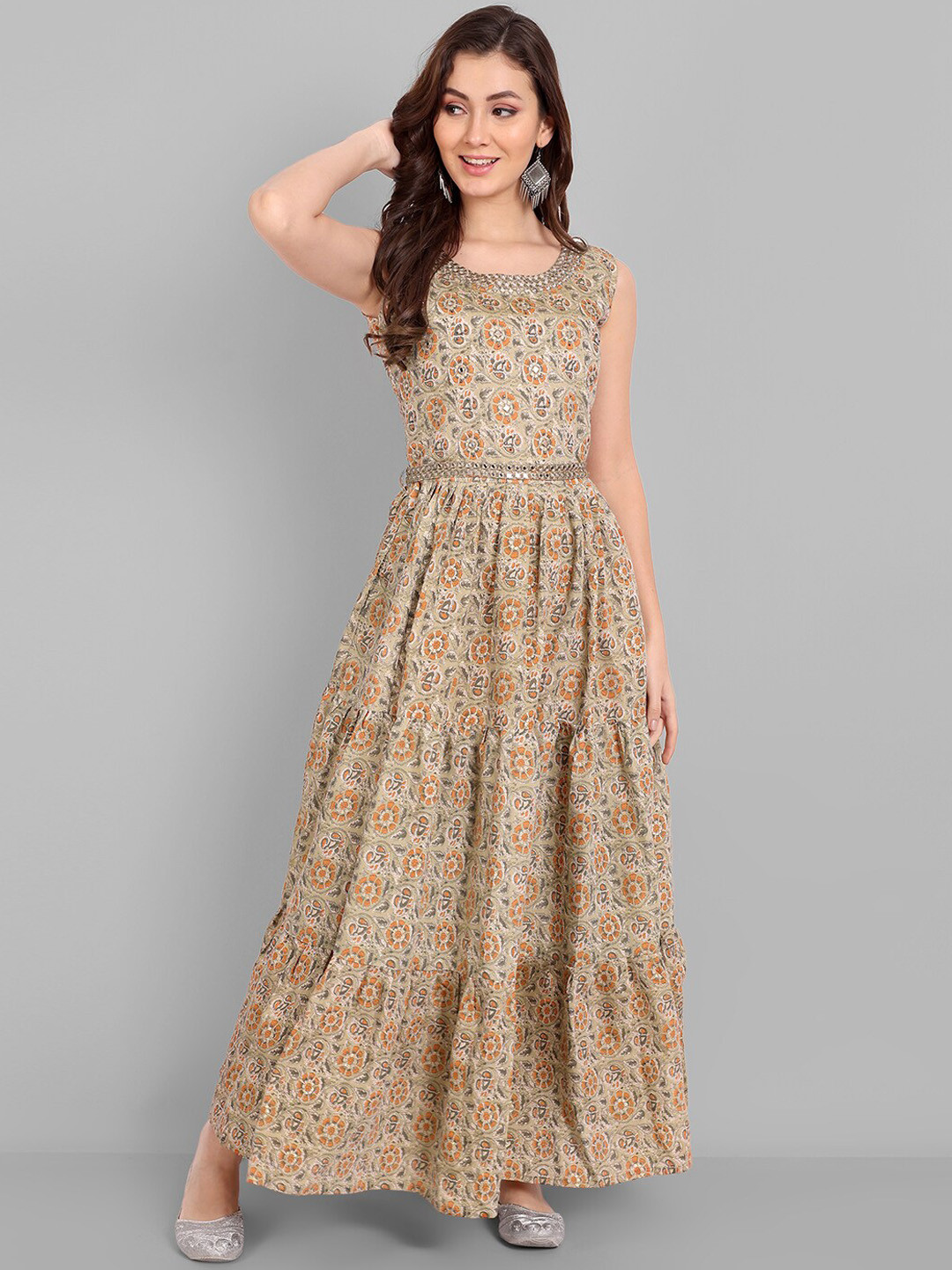 

Pakiza Embroidered Cotton A-Line Maxi Ethnic Dress, Olive