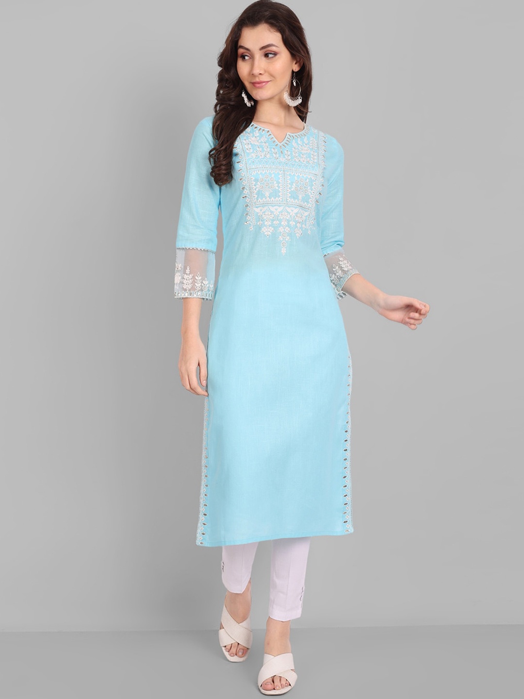 

Pakiza Floral Yoke Design Cotton Kurta, Turquoise blue