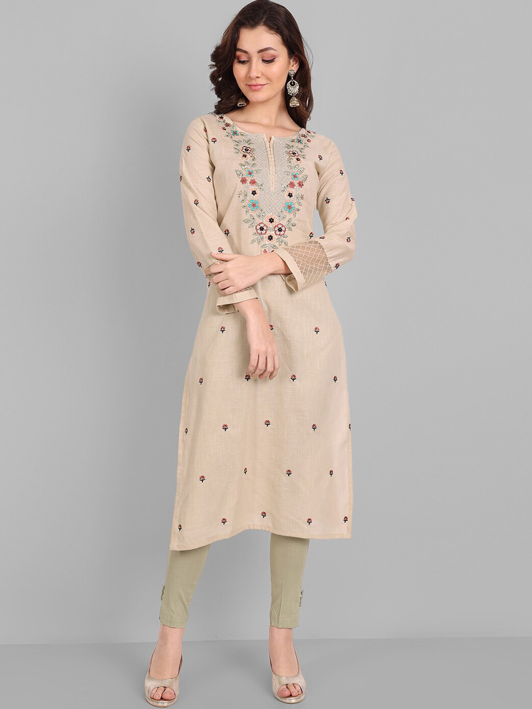 

Pakiza Embroidered Round Neck Straight Cotton Kurta, Cream