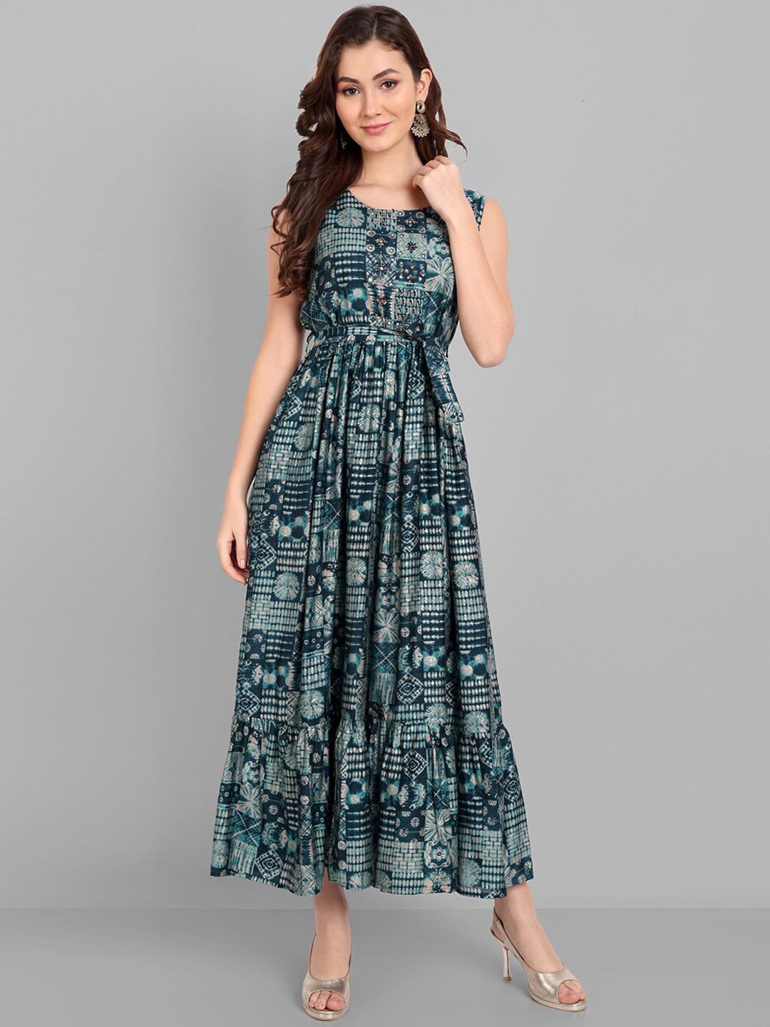 

Pakiza Women Teal Printed Mirror Work Anarkali Kurta