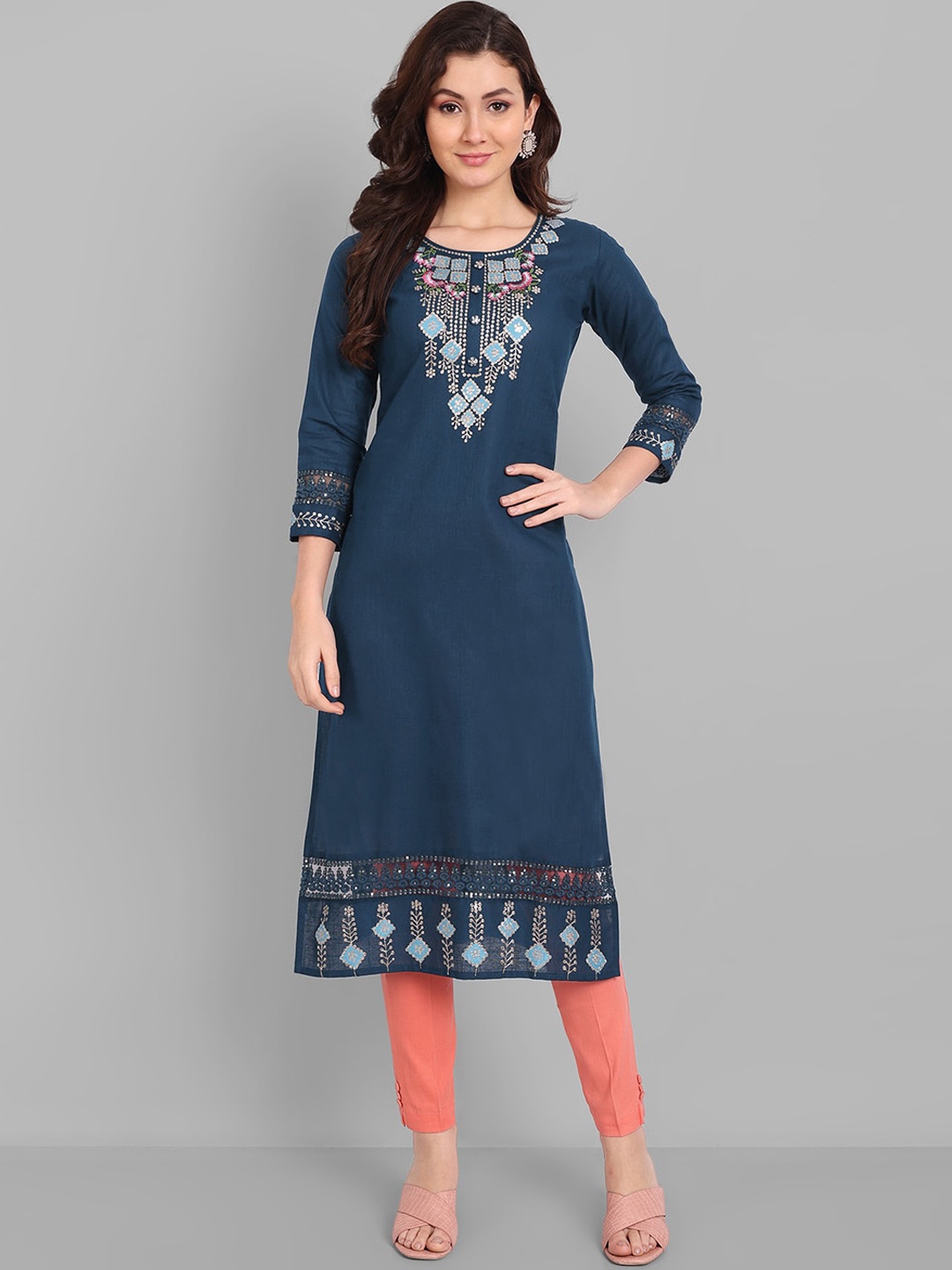 

Pakiza Ethnic Motifs Embroidered A-Line Regular Pure Cotton Kurta, Blue