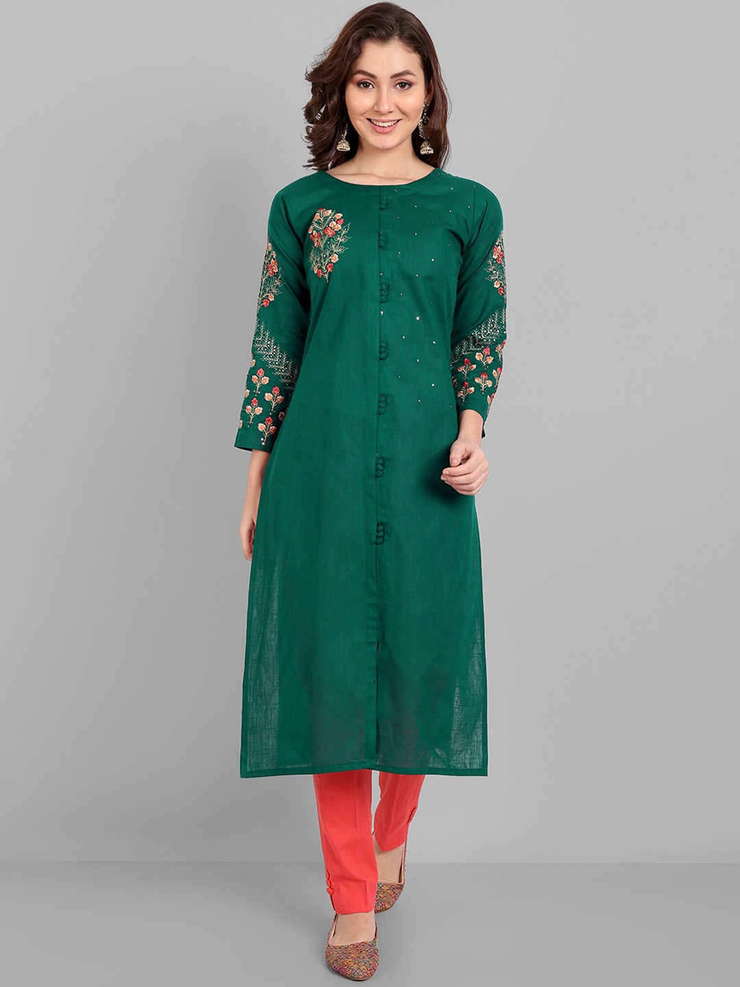

Pakiza Floral Embroidered Thread Work Straight Regular Cotton Kurta, Green