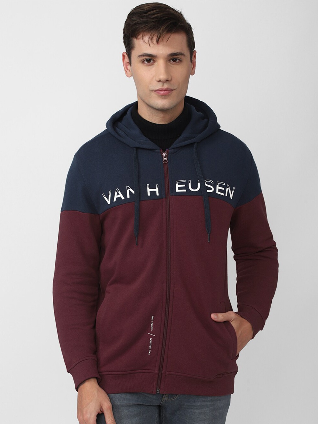 

VAN HEUSEN DENIM LABS Colourblocked Hooded Cotton Sweatshirt, Maroon