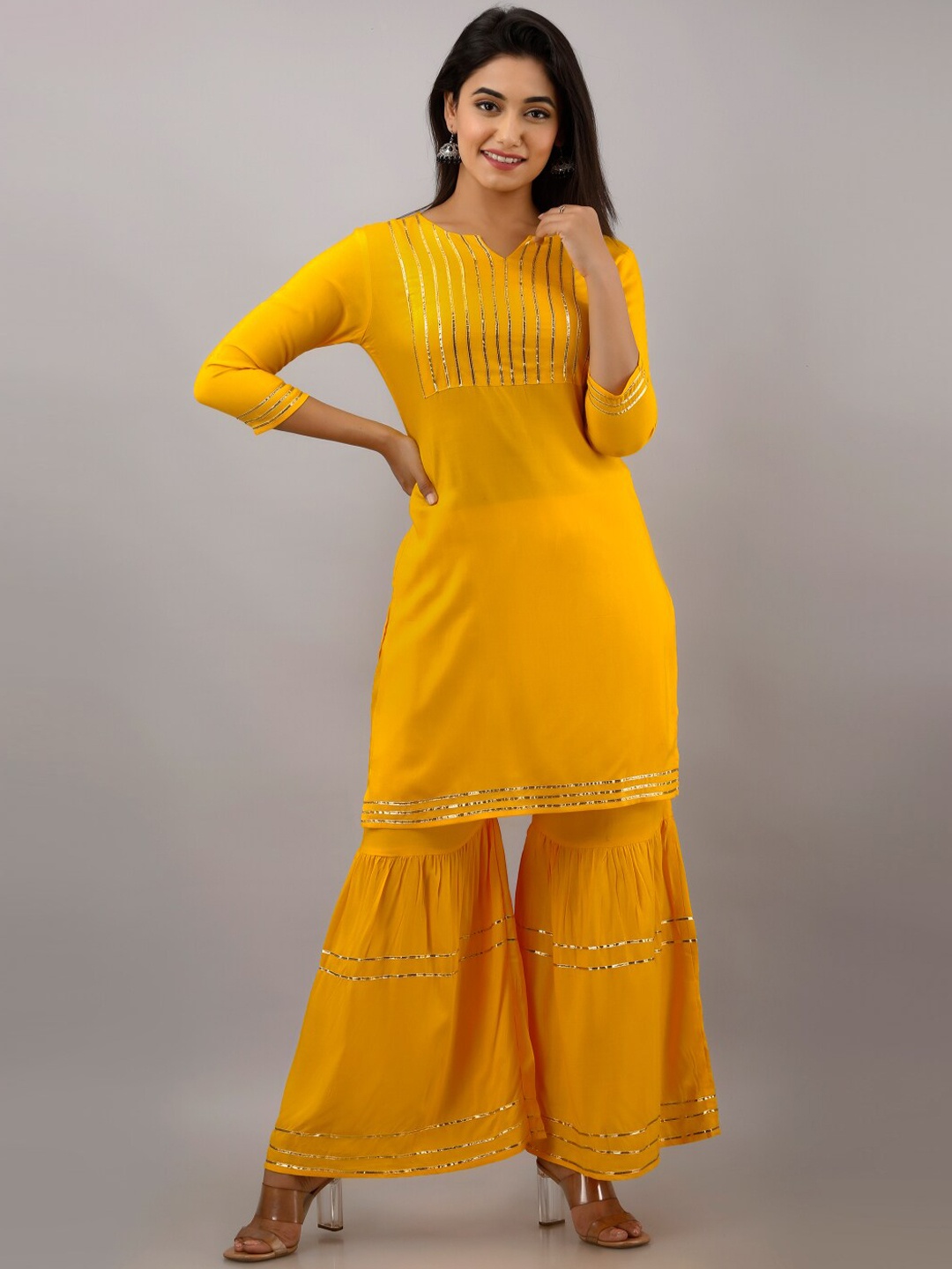 

KALINI Women Thread Work Kurta with Sharara, Yellow