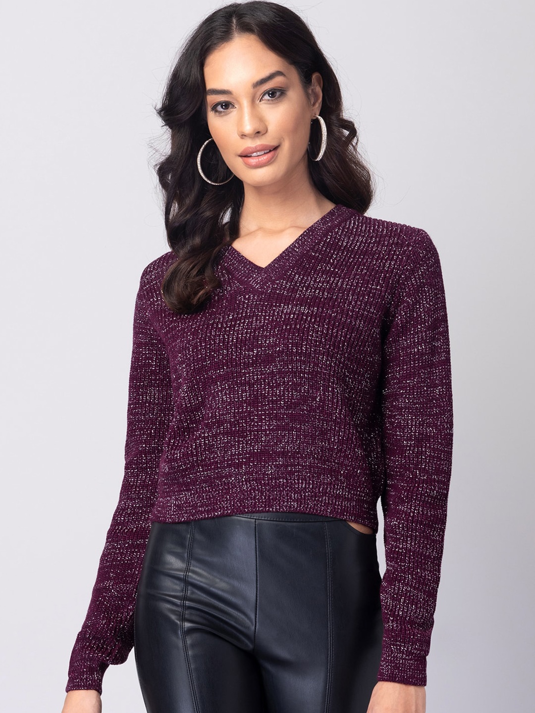 

FabAlley V-Neck Ribbed Acrylic Crop Pullover Sweater, Maroon