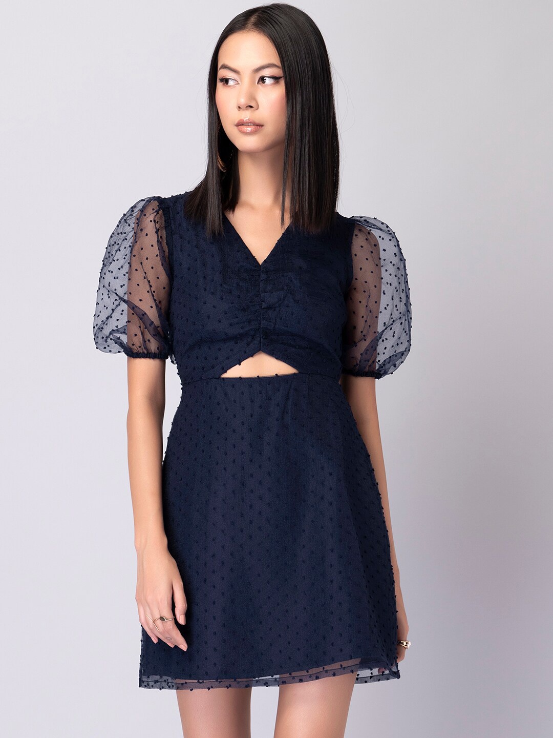 

FabAlley Dobby Puff Sleeve A-Line Dress, Navy blue