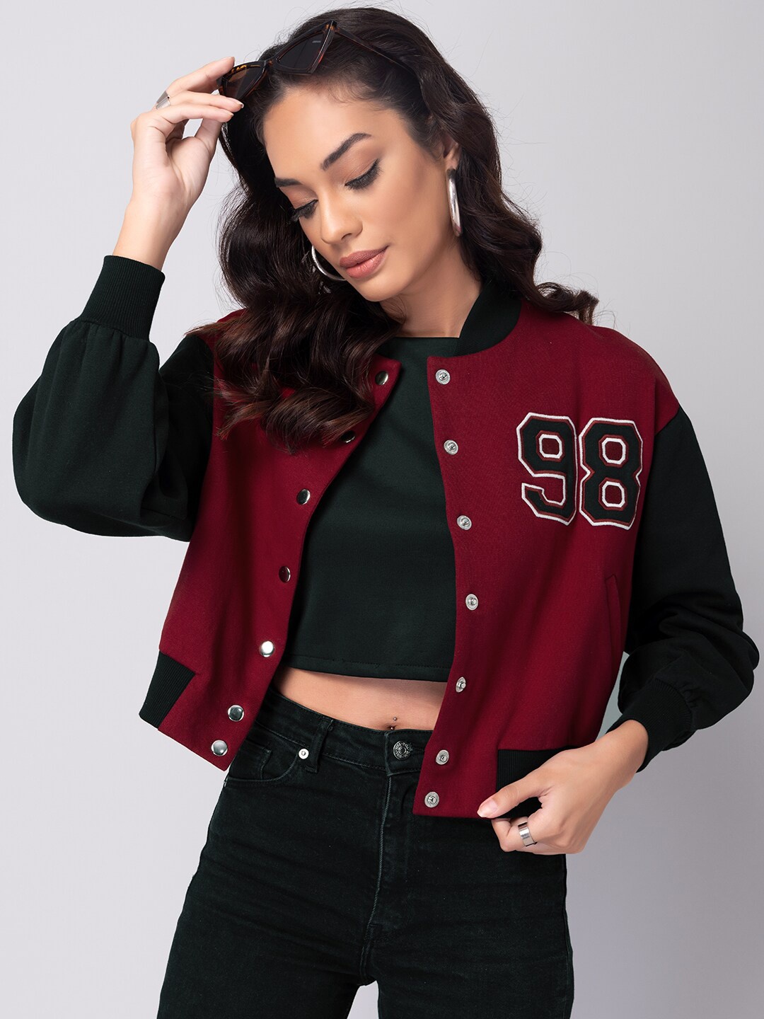 

FabAlley Women Applique Fleece Varsity Jacket, Maroon