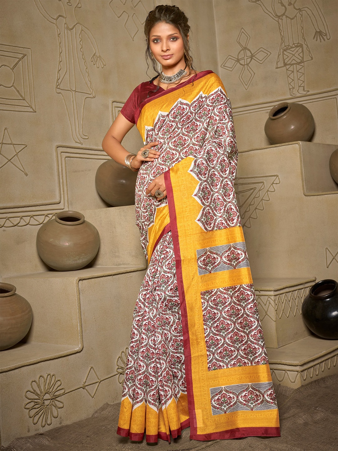 

Saree mall Ethnic Motifs Art Silk Block Print Sarees, White