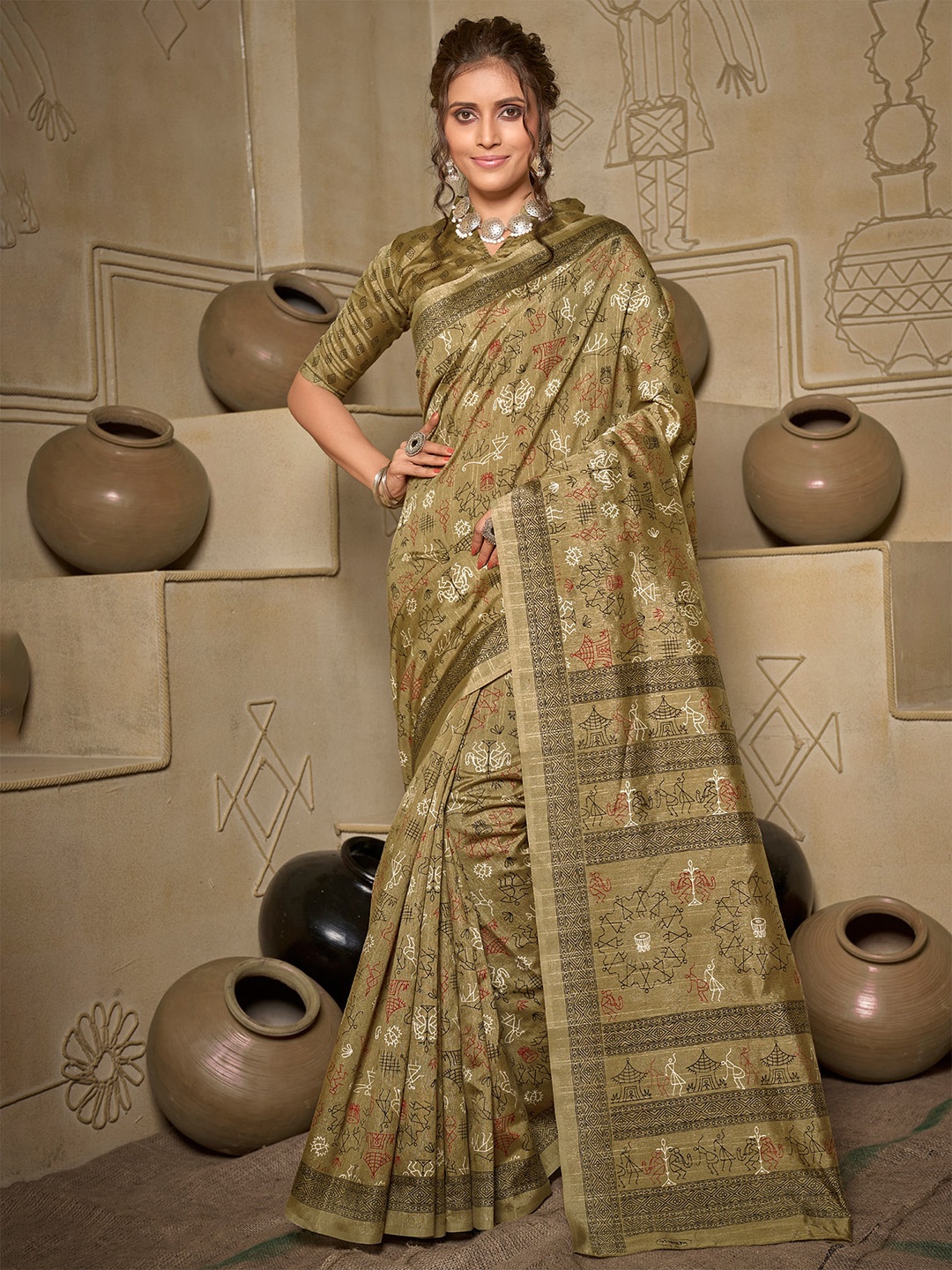

Saree mall Warli Printed Art Silk Sarees, Olive