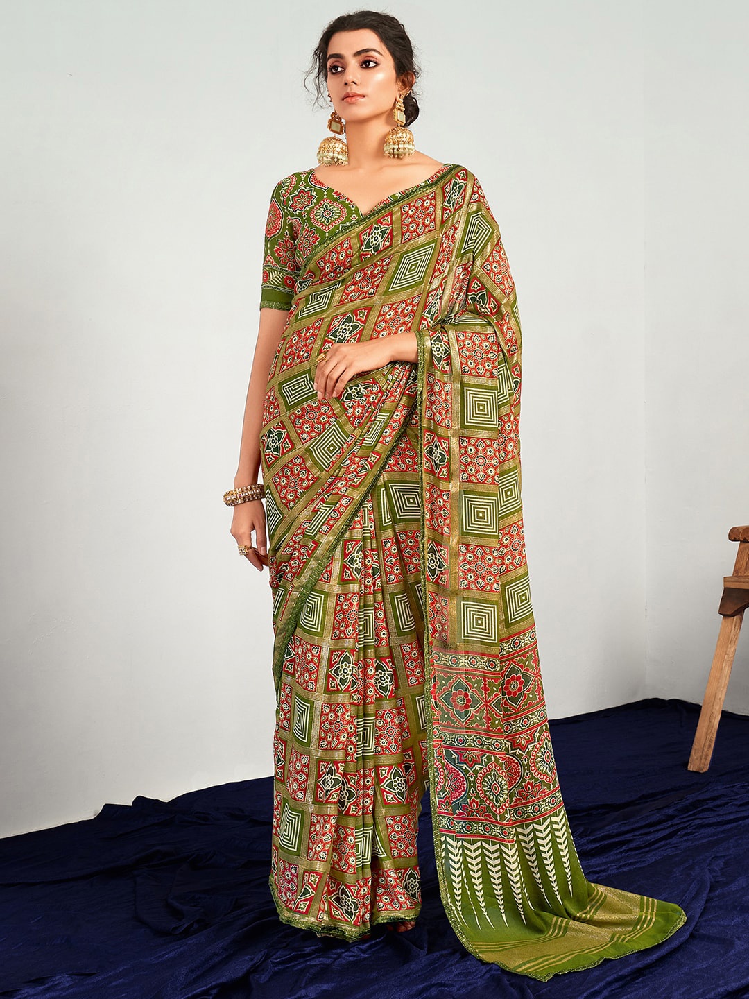 

Saree mall Ethnic Motifs Printed Pure Georgette Sarees, Olive