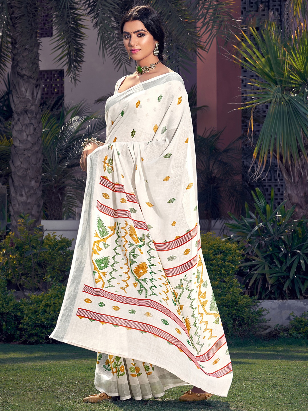 

Saree mall Floral Zari Pure Linen Kasavu Sarees, Off white