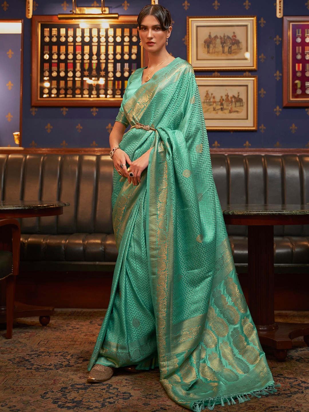

Saree mall Woven Design Zari Silk Blend Sarees, Sea green