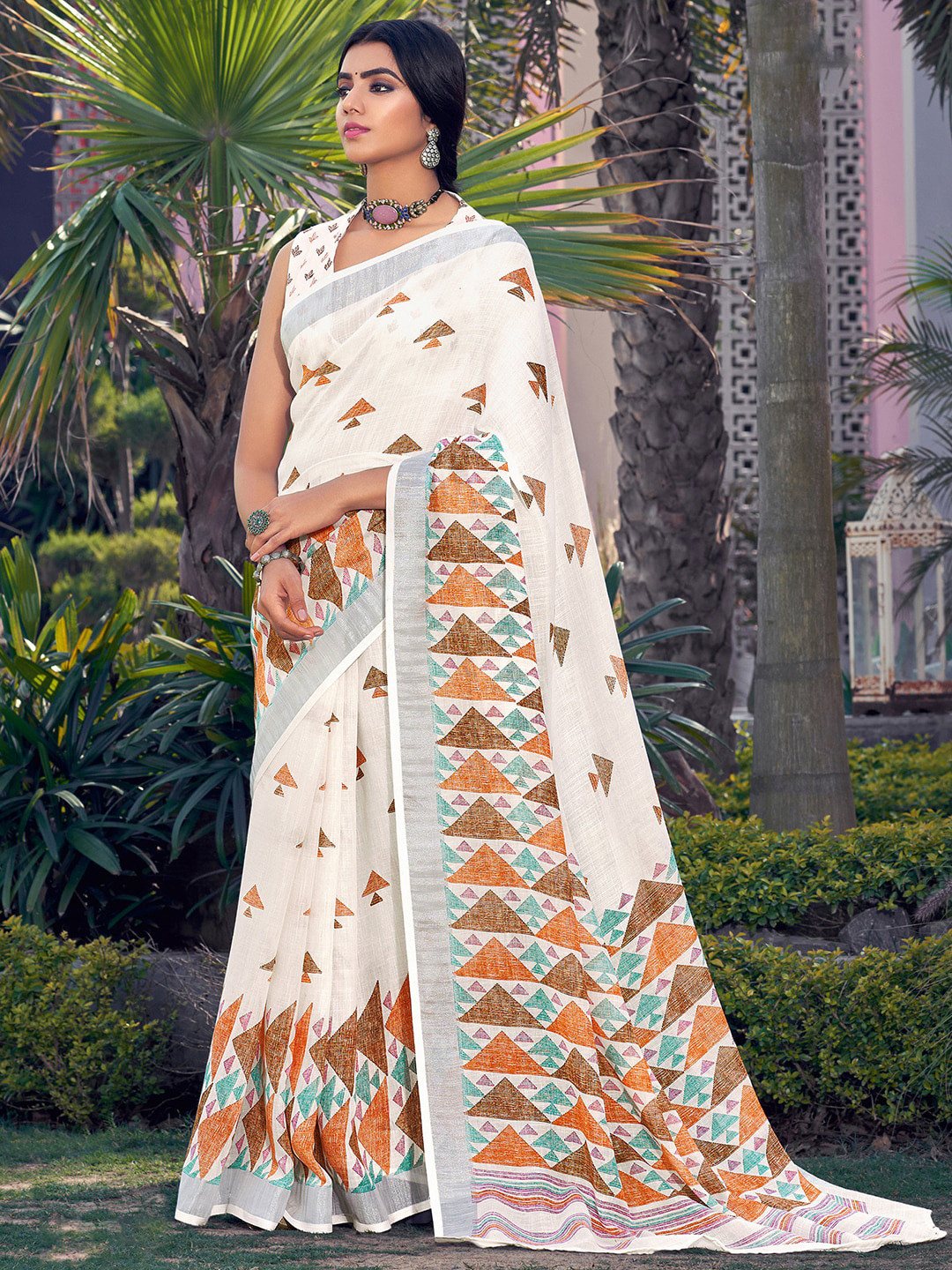 

Saree mall Printed Zari Pure Linen Sarees, Off white