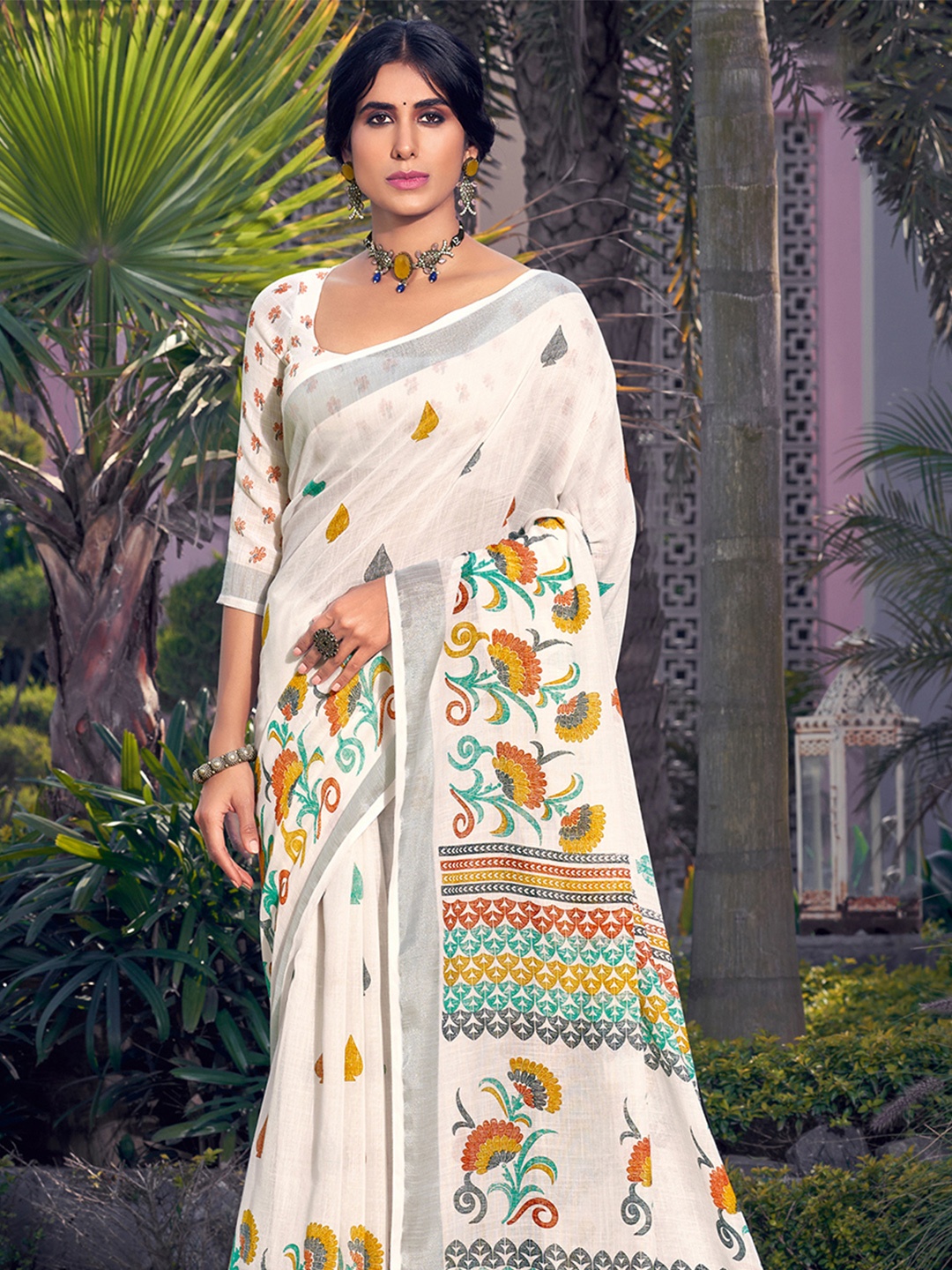 

Saree mall Floral Printed Zari Pure Linen Sarees, Off white