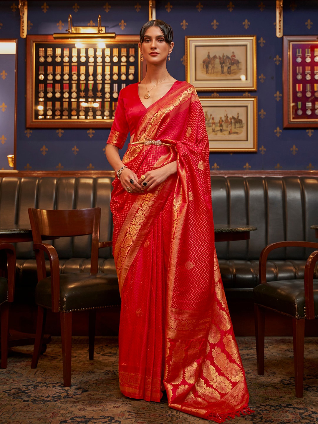 

Saree mall Woven Design Zari Silk Blend Sarees, Red