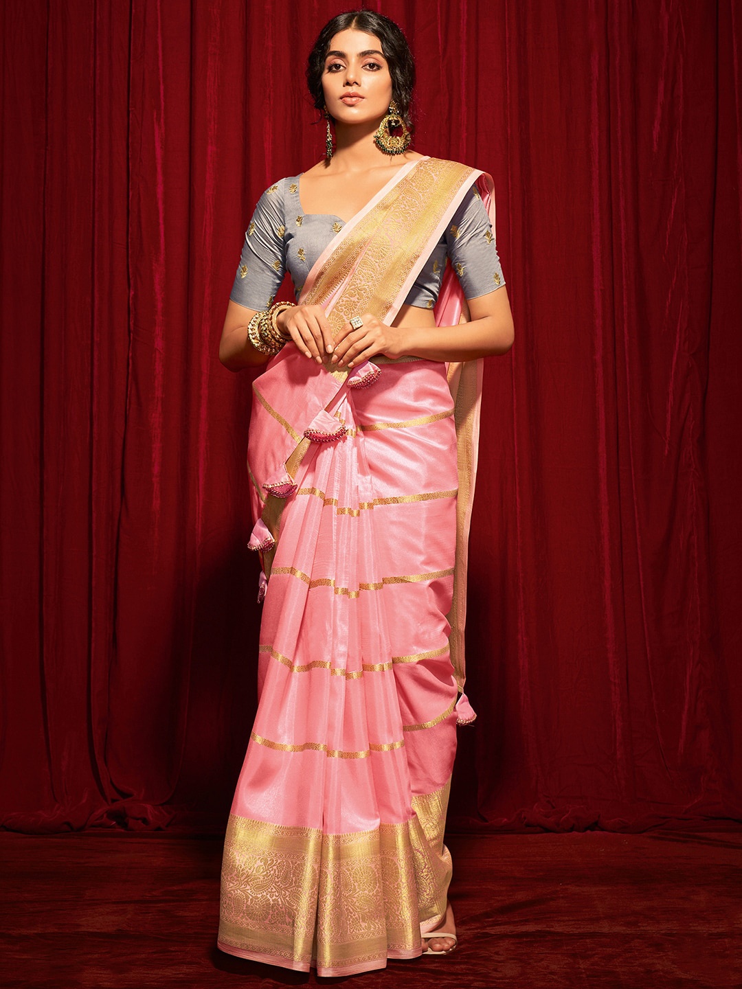 

Saree mall Striped Zari Silk Blend Sarees, Pink