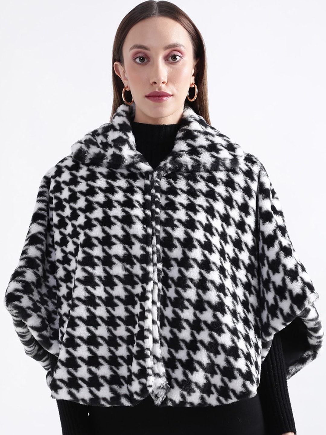 

ELLE Checked Faux Fur Trim Poncho, Black