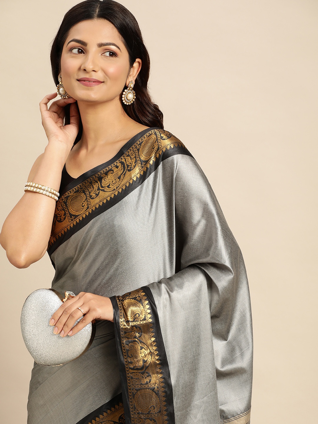 

nirja Fab Ethnic Motifs Mysore Silk Cotton Kanjeevaram Saree, Grey