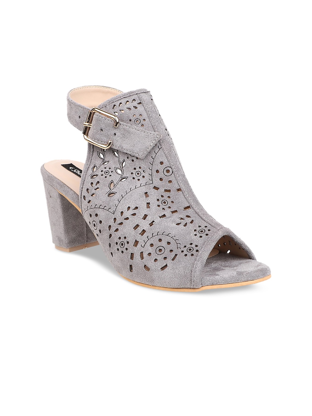 

Sherrif Shoes Women Suede Block Peep Toes with Laser Cuts, Grey