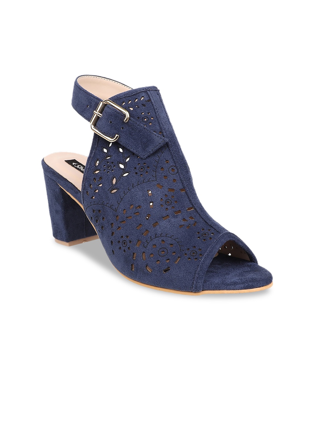 

Sherrif Shoes Women Suede Block Peep Toes with Laser Cuts, Navy blue