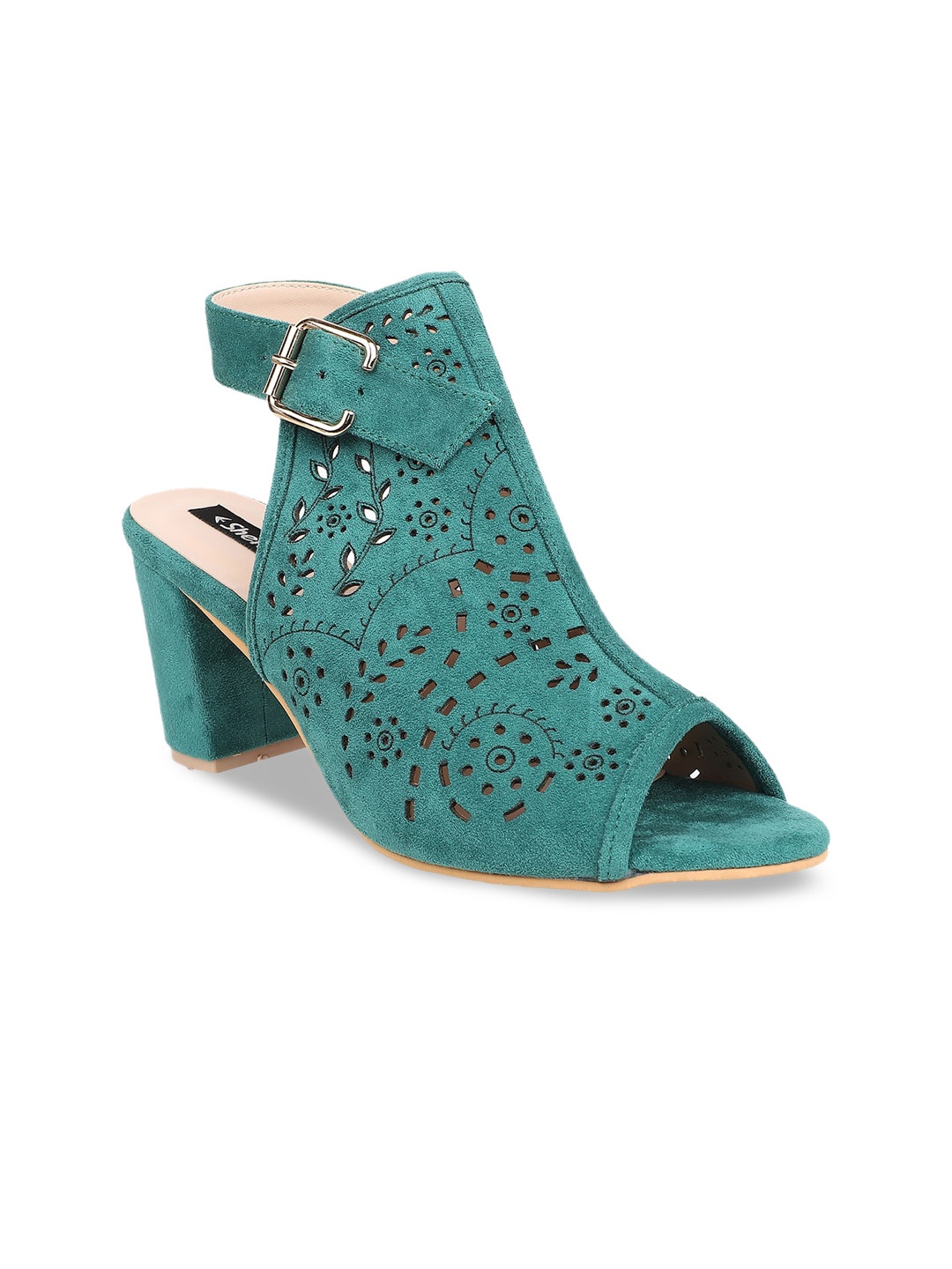 

Sherrif Shoes Women Suede Block Peep Toes with Laser Cuts, Green