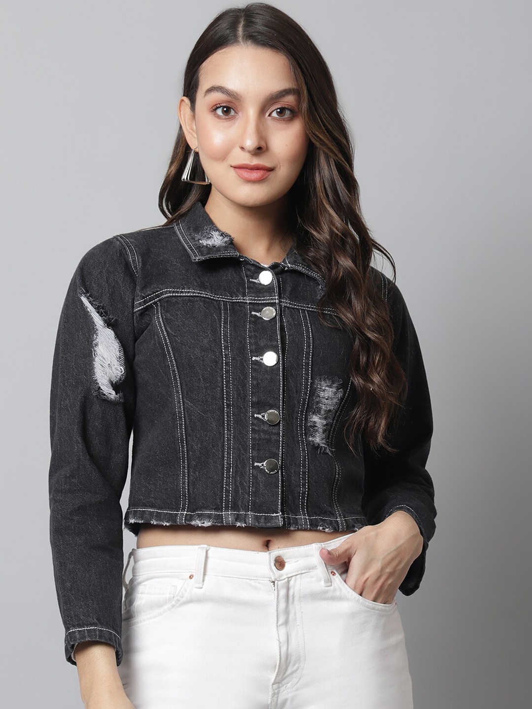 

urSense Women Crop Denim Jacket with Patchwork, Charcoal